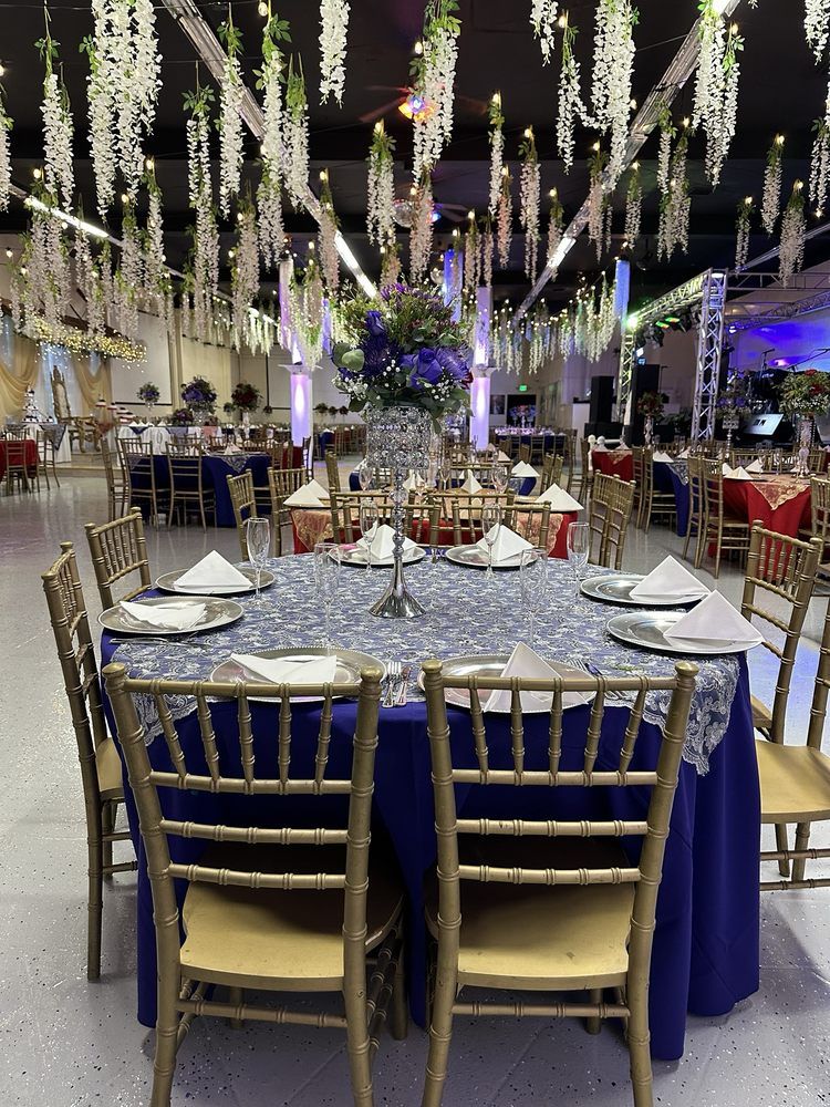 Panoramic view of decorated event space